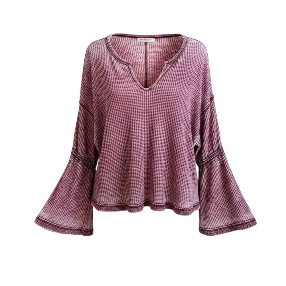 We The Free Dahlia Burgundy Waffle‎ Knit Thermal Bell Sleeve Top M Boho Beachy - Picture 2 of 10